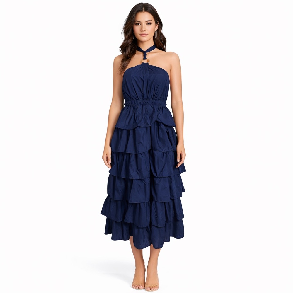 Do+Be Juniors Navy Tiered Midi Dress NWT Size S Halter Ruffle